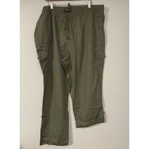 Woman Within Plus Size 22W Cargo Capri Pants Green Convertible‎ Roll Tab Cotton